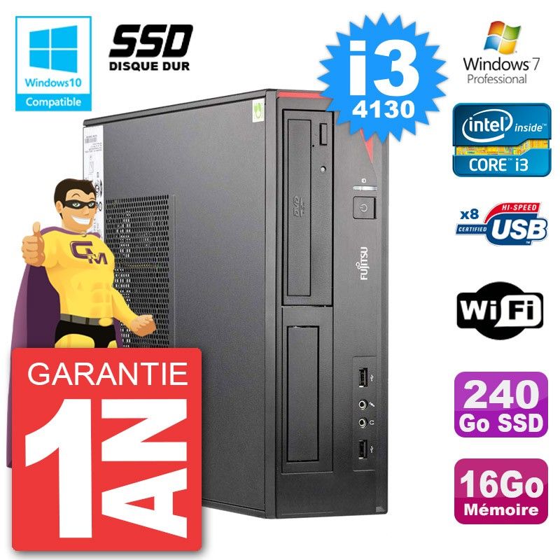 Ordinateur de bureau Fujitsu Esprimo E520 DT - i3-4130, 16 Go de RAM, 240 Go SSD, Graveur DVD, Wi-Fi, Windows 7 Pro
