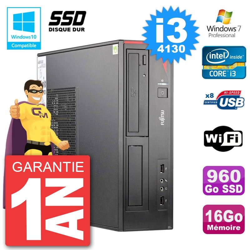 Ordinateur de bureau Fujitsu Esprimo E520 DT - i3-4130, 16 Go de RAM, 960 Go SSD, lecteur DVD, Wi-Fi, Windows 7 Pro