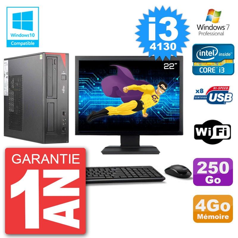 Ordinateur de bureau Fujitsu Esprimo E520 - Écran 22 pouces, i3-4130, 4 Go RAM, 250 Go HDD, Graveur DVD, Wi-Fi, Windows 7 Professionnel