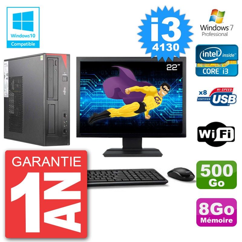 Ordinateur de bureau Fujitsu Esprimo E520 22 pouces (i3-4130, 8 Go RAM, 500 Go SSD, graveur DVD, Wi-Fi, Windows 7 Pro)