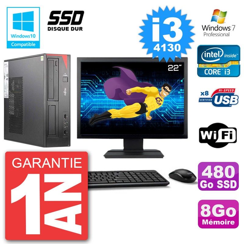 Ordinateur de bureau Fujitsu Esprimo E520 22 pouces (i3-4130, 8 Go de RAM, 480 Go SSD, graveur DVD, Wi-Fi, Windows 7 Pro)