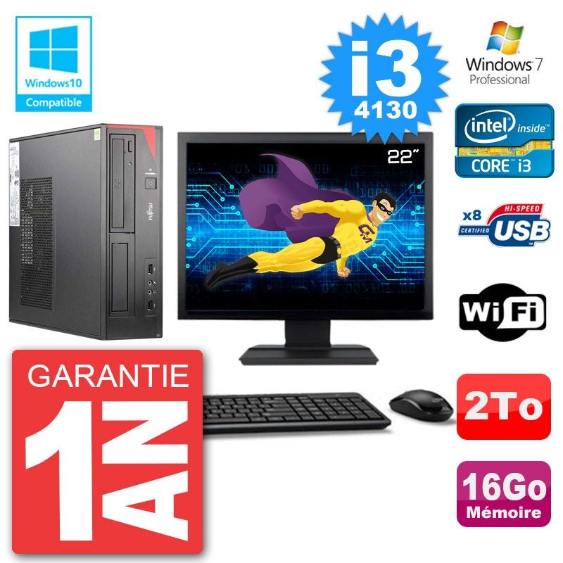Ordinateur de bureau Fujitsu Esprimo E520 22 pouces (i3-4130, 16 Go de RAM, 2 To HDD, lecteur DVD, Wi-Fi, Windows 7 Pro)