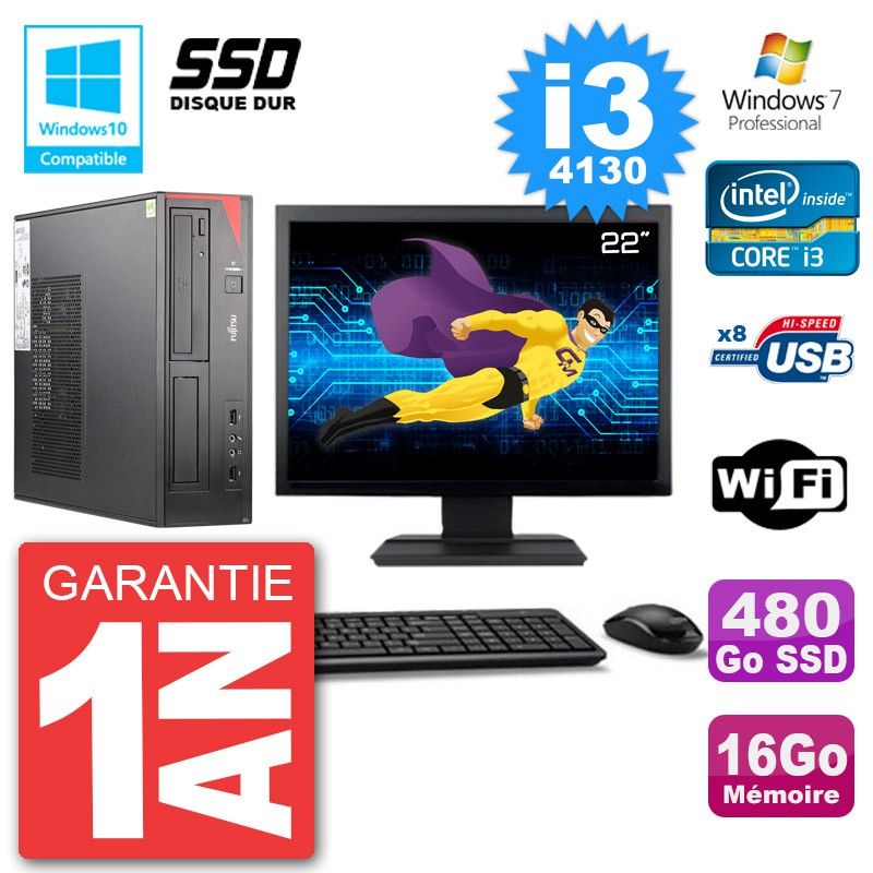 Ordinateur de bureau Fujitsu Esprimo E520 - Écran 22'', Intel Core i3-4130, 16 Go de RAM, 480 Go SSD, Graveur DVD, Wi-Fi