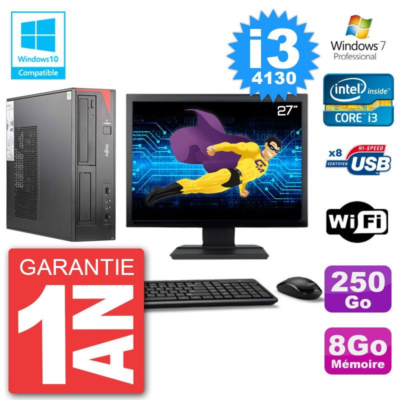 PC de escritorio Fujitsu Esprimo E520 - Pantalla de 27 pulgadas, i3-4130, 8 GB RAM, 250 GB HDD, Grabadora de DVD, Wifi, Windows 7 Pro