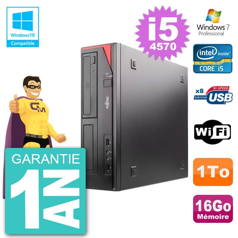 Ordinateur de bureau Fujitsu Esprimo E520 DT - Processeur Intel Core i5-4570, 16 Go de RAM, 1 To HDD, Lecteur DVD, Wi-Fi, Windows 7 Pro