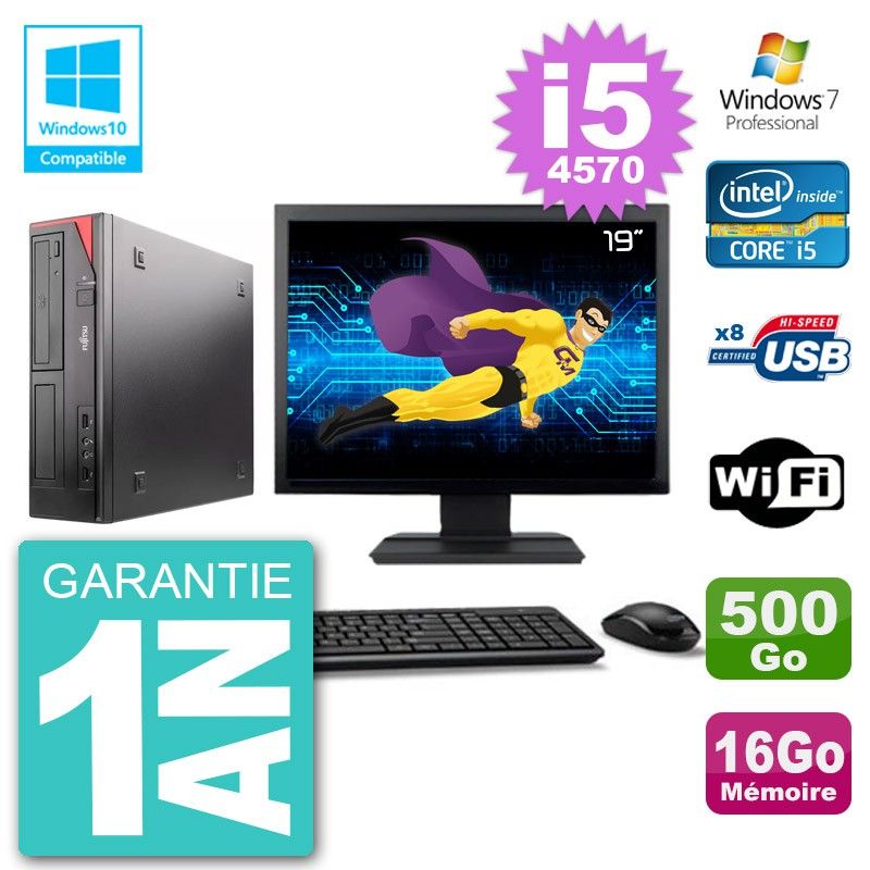 Ordinateur de bureau Fujitsu Esprimo E520 - Écran 19 pouces, i5-4570, 16 Go RAM, 500 Go HDD, Lecteur DVD, Wi-Fi, Windows 7 Professionnel
