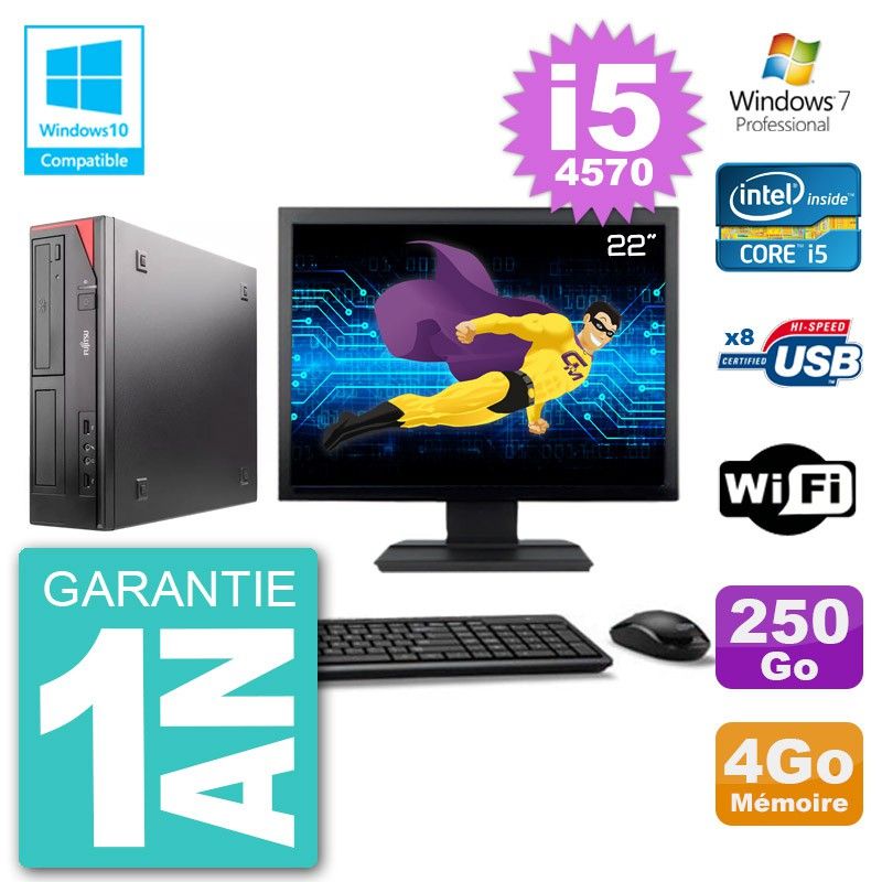 Ordinateur de bureau Fujitsu Esprimo E520 - Écran 22 pouces, i5-4570, 4 Go RAM, 250 Go HDD, Lecteur DVD, WiFi, Windows 7 Pro