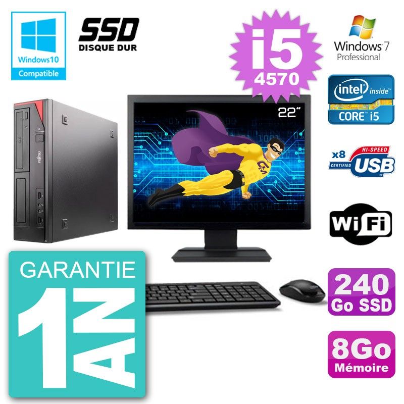 Ordinateur de bureau Fujitsu Esprimo E520 - Écran 22 pouces, i5-4570, 8 Go RAM, 240 Go SSD, Lecteur DVD, Wi-Fi, Windows 7 Pro