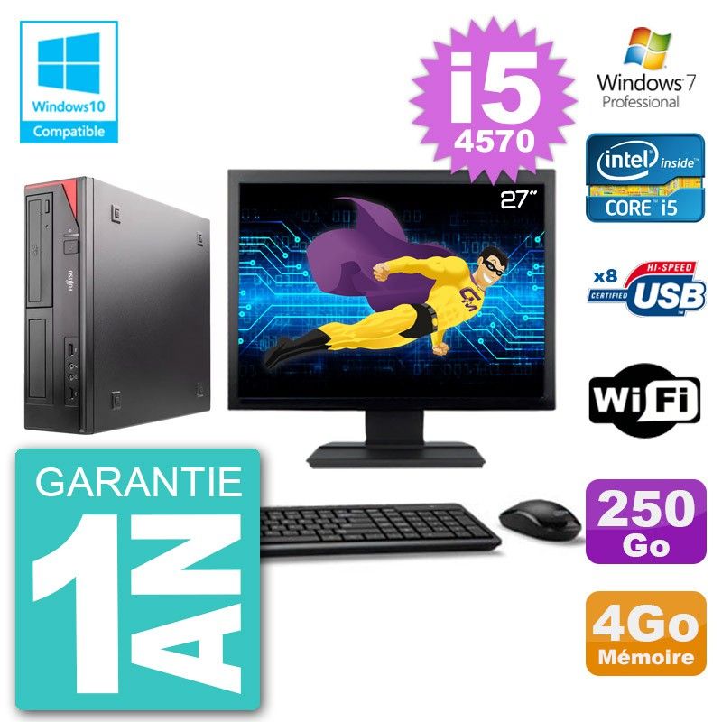 Ordinateur de bureau Fujitsu Esprimo E520, écran 27'', processeur Intel Core i5-4570, 4 Go RAM, 250 Go SSD, graveur DVD, Wi-Fi, Windows 7 Pro