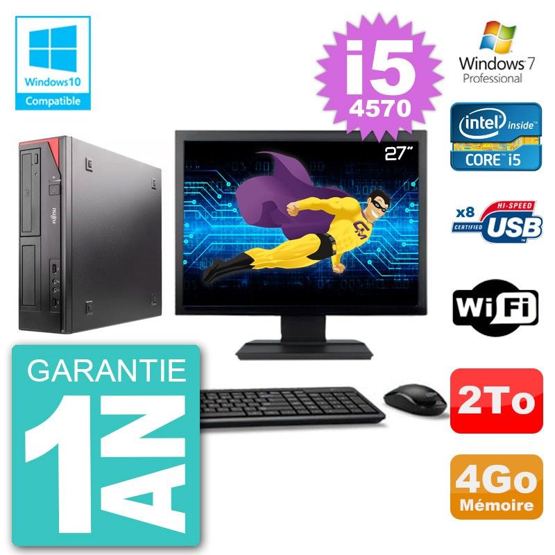 Ordinateur de bureau Fujitsu Esprimo E520 - Écran 27'', Processeur Intel Core i5-4570, 4 Go de RAM, Disque dur 2 To, Lecteur DVD, Wifi, Windows 7 Pro