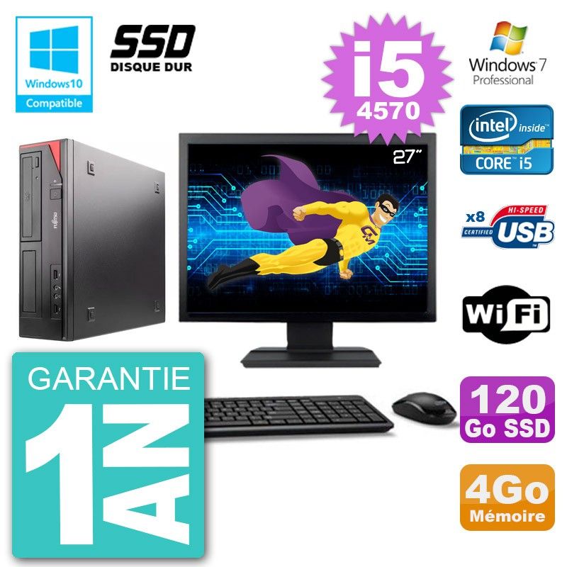 Ordinateur de bureau Fujitsu Esprimo E520 27 pouces i5-4570 4 Go RAM 120 Go SSD Graveur DVD Wi-Fi Windows 7