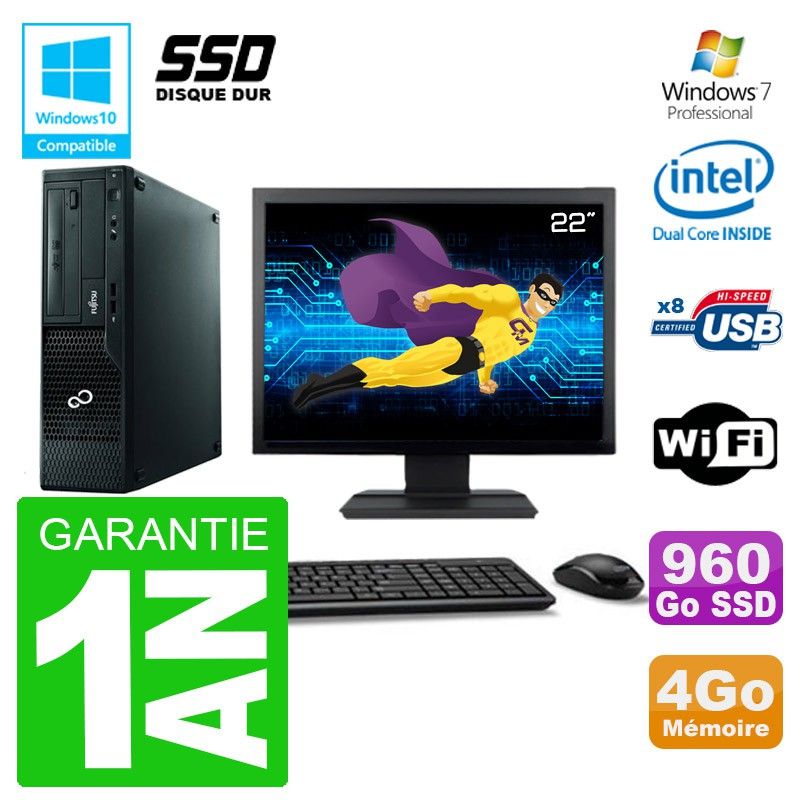 Fujitsu Esprimo E500 E85+ Desktop PC - 22" Screen, Intel Pentium G640, 4GB RAM, 960GB SSD, DVD Drive, WiFi, Windows 7 Pro