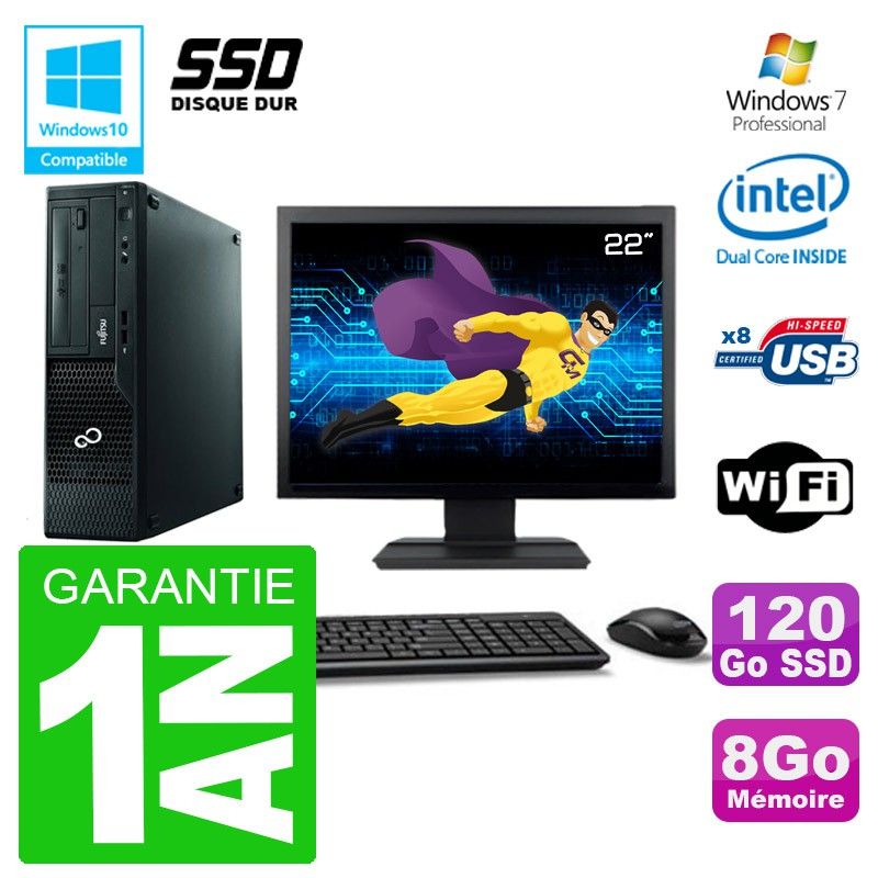 Fujitsu Esprimo E500 E85+ Desktop Computer - 22" Screen, Intel Pentium G640, 8GB RAM, 120GB SSD, DVD Drive, WiFi, Windows 7 Pro