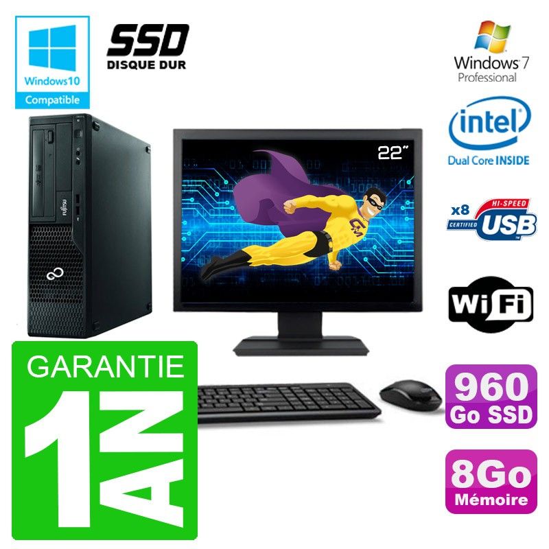 Fujitsu Esprimo E500 E85+ Desktop PC - 22" Screen, Intel Pentium G640, 8GB RAM, 960GB SSD, DVD Drive, WiFi, Windows 7 Pro