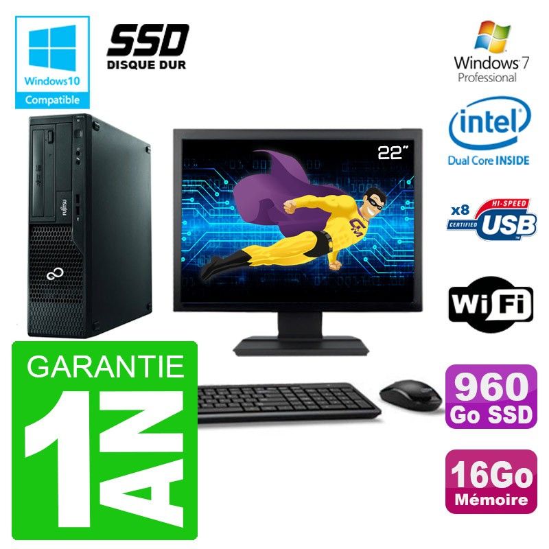 Fujitsu Esprimo E500 E85+ Desktop PC - 22" Screen, Intel Pentium G640, 16GB RAM, 960GB SSD, DVD Drive, WiFi, Windows 7 Pro