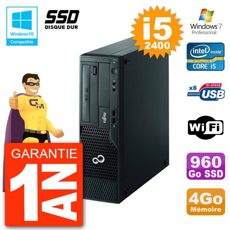 Ordinateur de bureau Fujitsu Esprimo E500 E85+ DT - i5-2400, 4 Go de RAM, 960 Go SSD, DVD, Wi-Fi, Windows 7 Pro