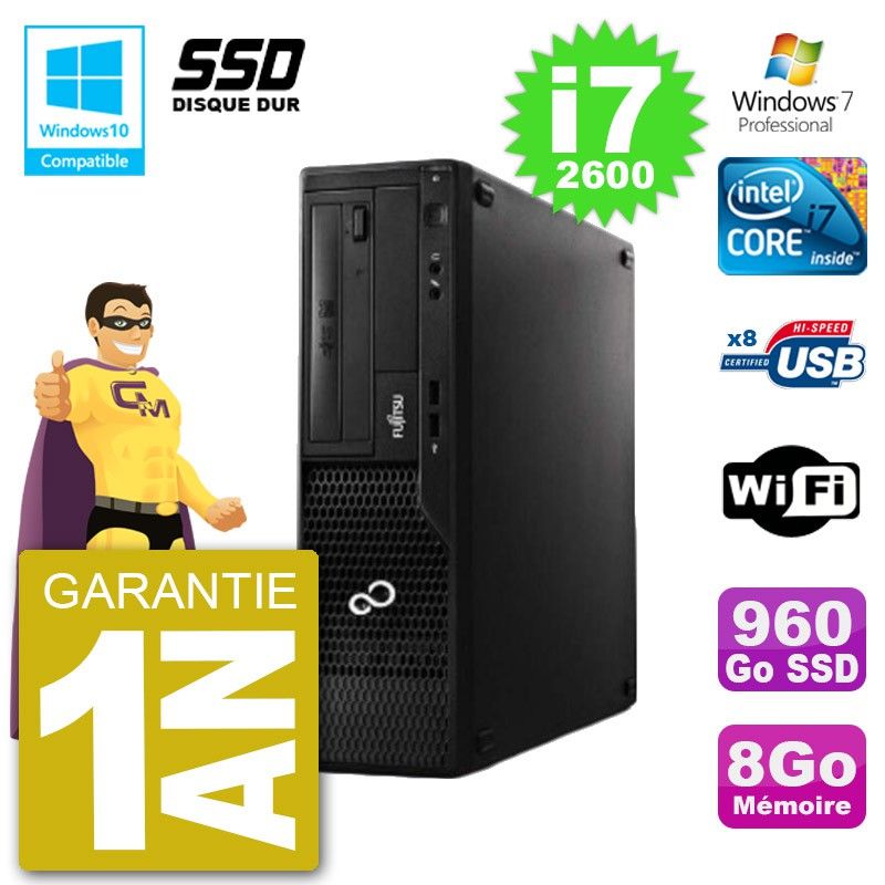 Ordinateur de bureau Fujitsu Esprimo E500 E85+ DT - i7-2600, 8 Go de RAM, 960 Go SSD, DVD, Wi-Fi, Windows 7 Pro