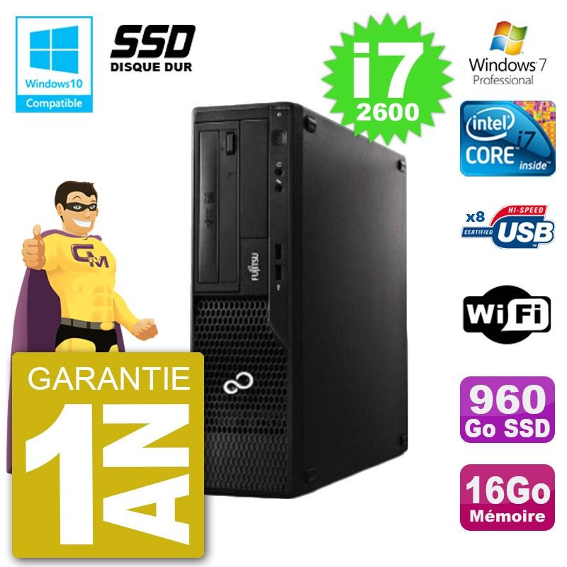 Ordinateur de bureau Fujitsu Esprimo E500 E85+ DT - i7-2600, 16 Go de RAM, 960 Go SSD, DVD, Wi-Fi, Windows 7 Pro