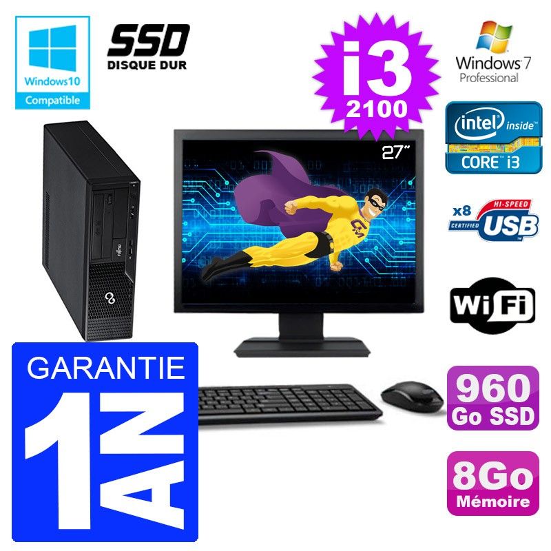 Fujitsu Esprimo E500 E85+ Desktop PC - 27" Screen, i3-2100, 8GB RAM, 960GB SSD, DVD Drive, WiFi
