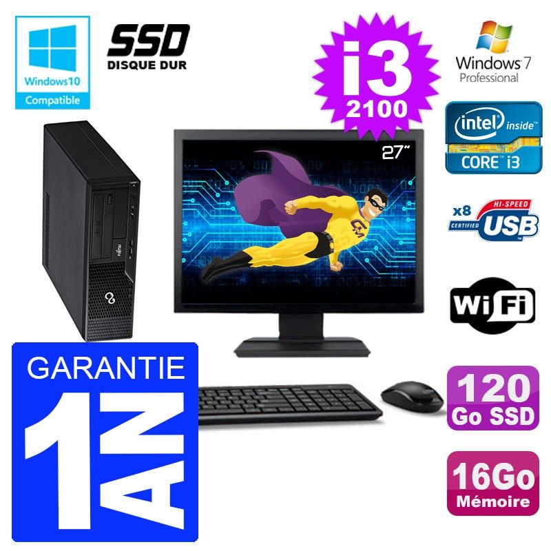 Fujitsu Esprimo E500 E85+ DT 27-Inch Screen i3-2100 16GB RAM 120GB SSD DVD WiFi Windows 7 Desktop