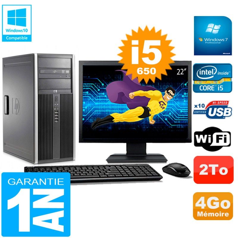 Ordinateur de bureau HP Compaq 8100 Tour - Écran 22'', Intel Core i5-650, 4 Go de RAM, Disque dur 2 To, Lecteur DVD, Wi-Fi