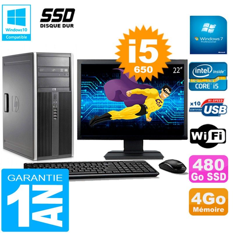 PC HP 8100 Tour - Pantalla de 22', Core i5-650, 4GB de RAM, 480GB SSD, Unidad de CD/DVD, WiFi, Windows 7 Pro