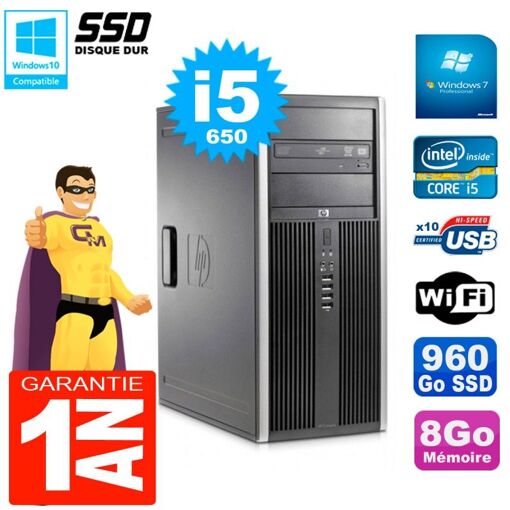 HP 8100 Tour PC - Core i5-650, 8GB RAM, 960GB SSD, DVD Burner, WiFi, Windows 7 Pro