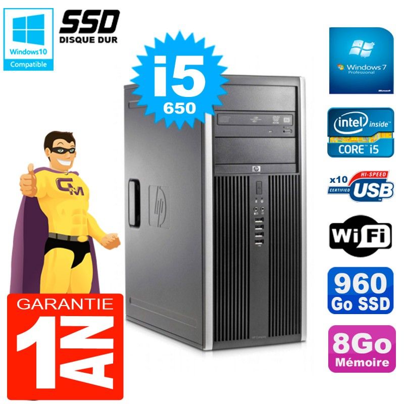 HP 8100 Tour PC - Core i5-650, 8GB RAM, 960GB SSD, DVD Burner, WiFi, Windows 7 Pro