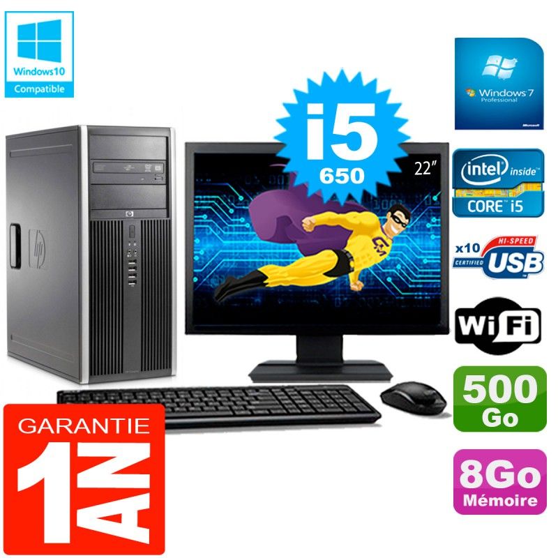 Ordinateur de bureau HP 8100 Tour - Écran 22'', Processeur Intel Core i5-650, 8 Go RAM, Disque dur 500 Go, Graveur DVD, Wifi