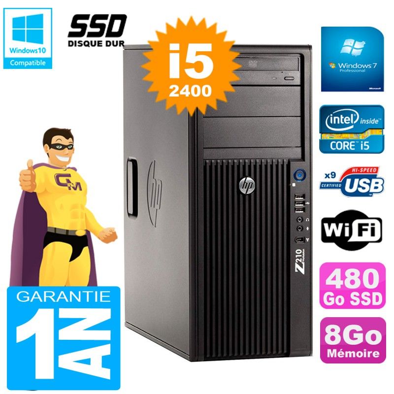 Station de travail HP Z210 Tour - Processeur Intel Core i5-2400, 8 Go de RAM, 480 Go SSD, Gravure DVD, Wifi, Windows 7 Pro