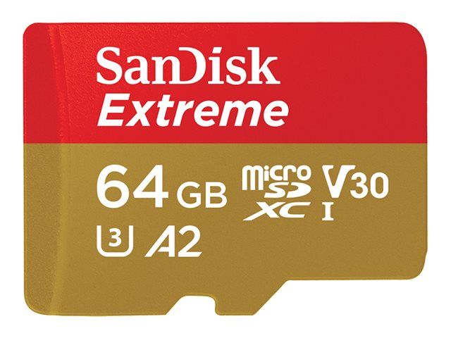 Tarjeta de memoria flash SanDisk Extreme (con adaptador microSDXC a SD) - 64 GB - A2/Clase de vídeo V30/UHS-I U3/Clase 10 - MicroSDXC UHS-I