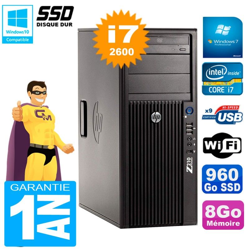 Estación de trabajo HP Z210 Tour - Procesador Intel Core i7-2600, 8GB RAM, Disco duro SSD de 960GB, Unidad grabadora DVD, WiFi, Windows 7 Pro