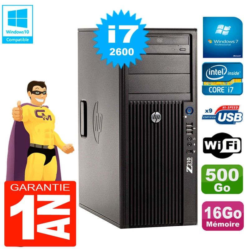 Station de travail HP Z210 Tour - Processeur Intel Core i7-2600, 16 Go de RAM, 500 Go HDD, Lecteur graveur DVD, Wi-Fi, Windows 7 Pro