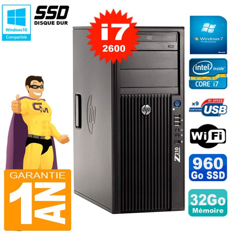HP WorkStation Z210 Tour - Core i7-2600, 32GB RAM, 960GB SSD, DVD Burner, Wifi, Windows 7 Pro