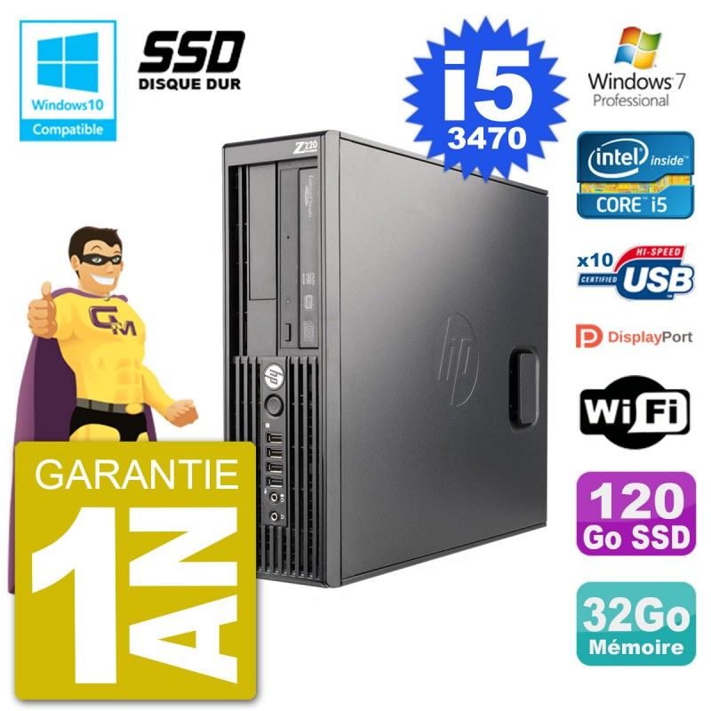 Station de travail HP Z220 SFF, Intel Core i5-3470, 32 Go RAM, 120 Go SSD, Graveur DVD, Wifi, Windows 7 Pro