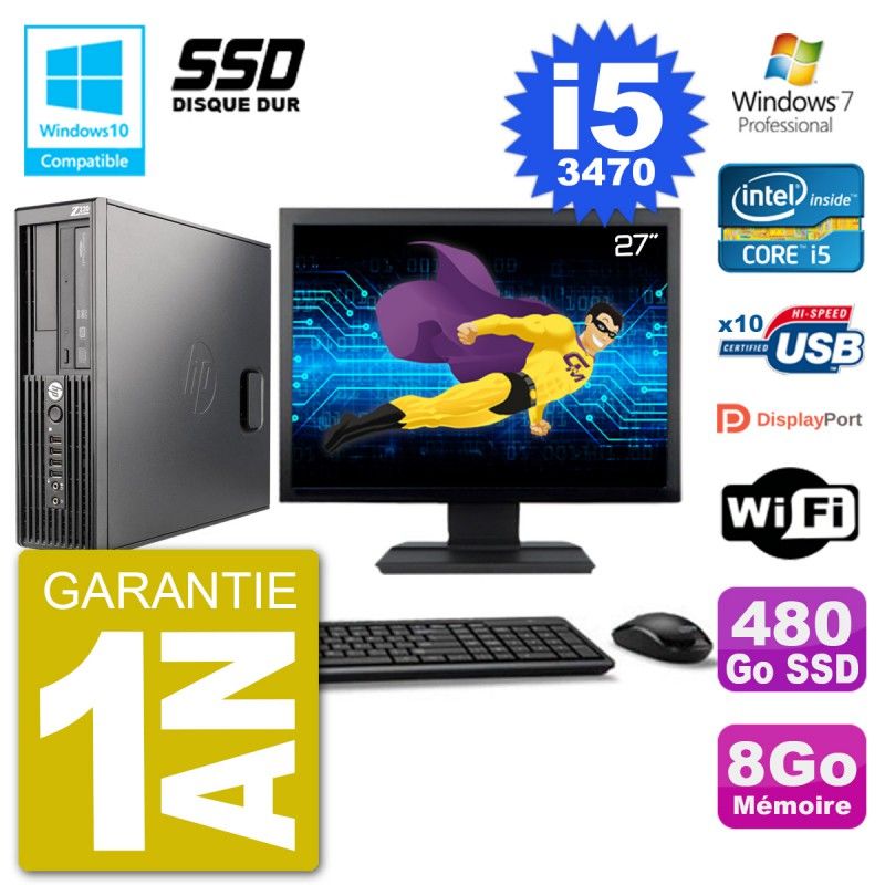 HP Z220 SFF Desktop Computer - 27" Screen, Intel Core i5-3470, 8GB RAM, 480GB SSD, DVD Drive, WiFi, Windows 7 Pro