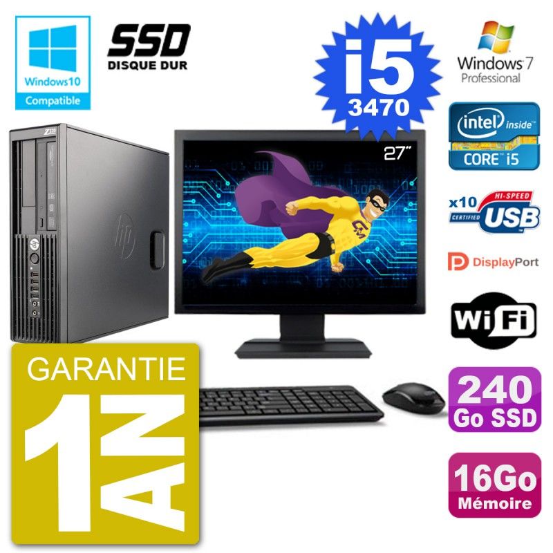 HP Z220 SFF Desktop Computer - 27" Screen, Intel Core i5-3470, 16GB RAM, 240GB SSD, DVD Drive, WiFi, Windows 7 Pro
