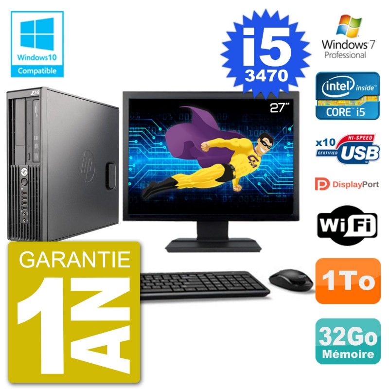 HP Z220 SFF Desktop Computer - 27" Screen, Core i5-3470, 32GB RAM, 1TB HDD, DVD Drive, WiFi, Windows 7 Pro