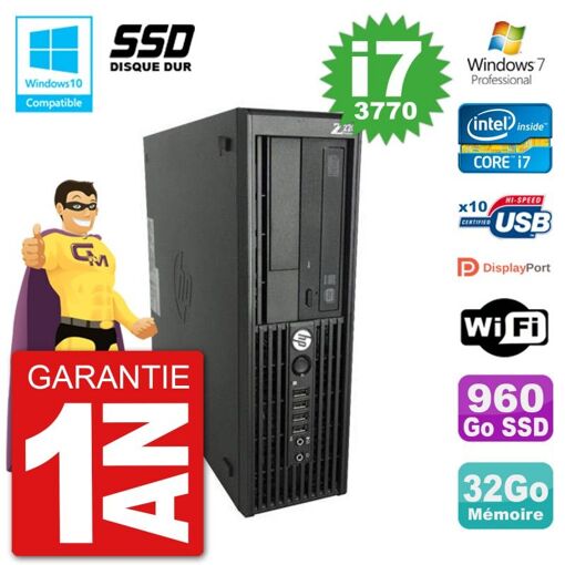 HP WorkStation Z220 SFF Core i7-3770 3.4GHz 4 cores 8MB Cache 1155/H2/LGA1155, 32GB DDR3 (Max 32GB), 960GB SATA SSD, DVD Drive, Intel HD 4000, Gigabit Ethernet + Wi-Fi USB Key, Windows 7 Pro