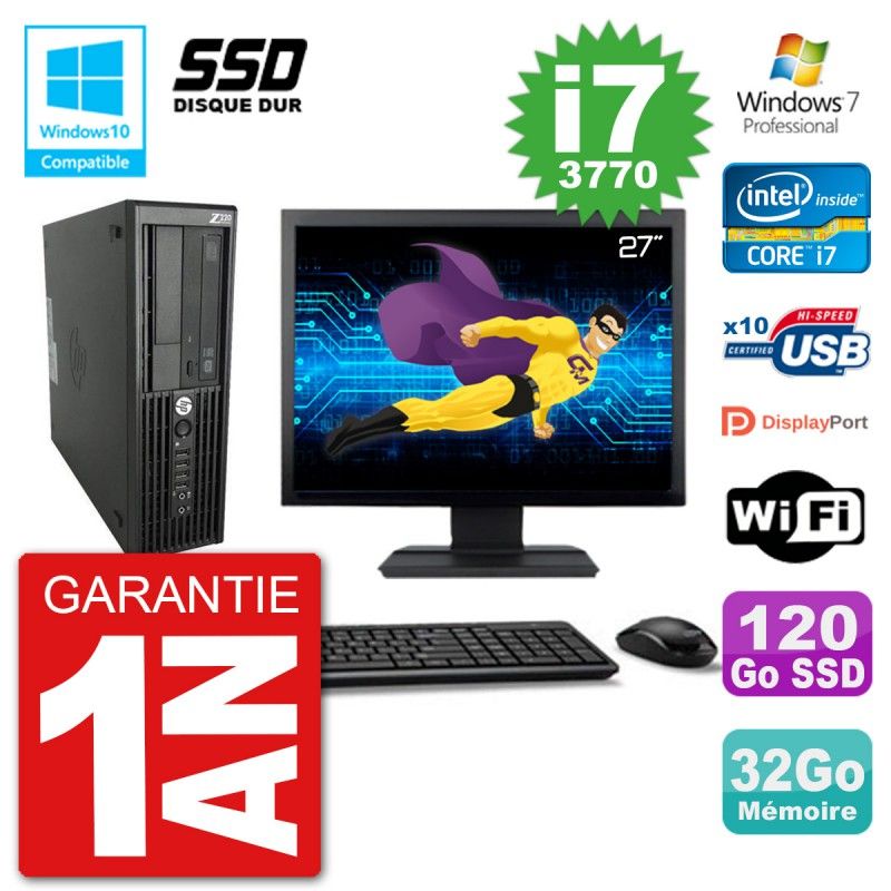 HP Z220 SFF Desktop Computer - 27" Screen, Core i7-3770, 32GB RAM, 120GB SSD, DVD Burner, WiFi