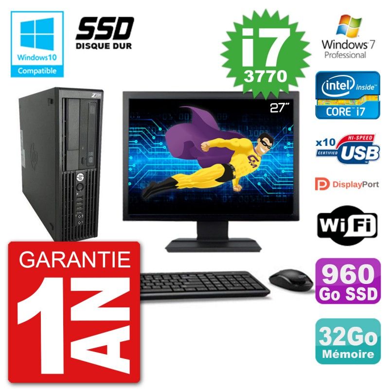 HP Z220 SFF Desktop Computer - 27" Screen, Intel Core i7-3770, 32GB RAM, 960GB SSD, DVD Drive, WiFi, Windows 7 Pro