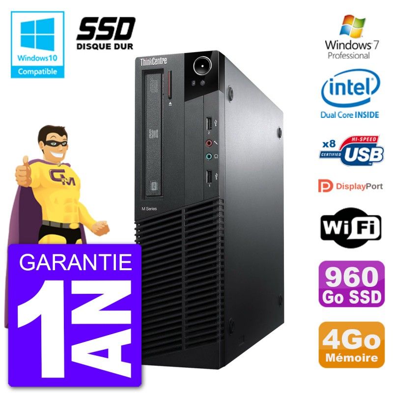 Lenovo ThinkCentre M82 SFF Desktop - Intel Pentium G640, 4GB RAM, 960GB SSD, DVD Drive, WiFi, Windows 7 Pro