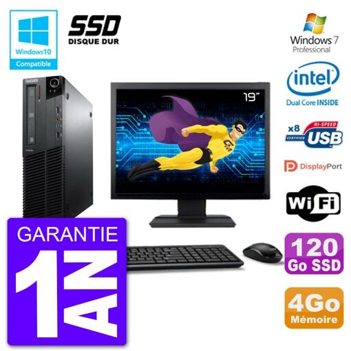 Lenovo M82 SFF Desktop Computer, 19" Screen, Intel Pentium G640 2.8GHz, 4GB RAM, 120GB SSD, DVD Drive, WiFi, Windows 7 Pro