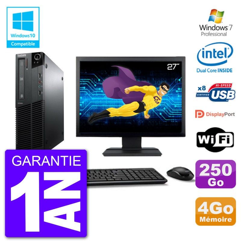 Lenovo M82 SFF PC - 27" Screen, Intel Pentium G640, 4GB RAM, 250GB HDD, DVD Burner, Wifi, Windows 7 Pro