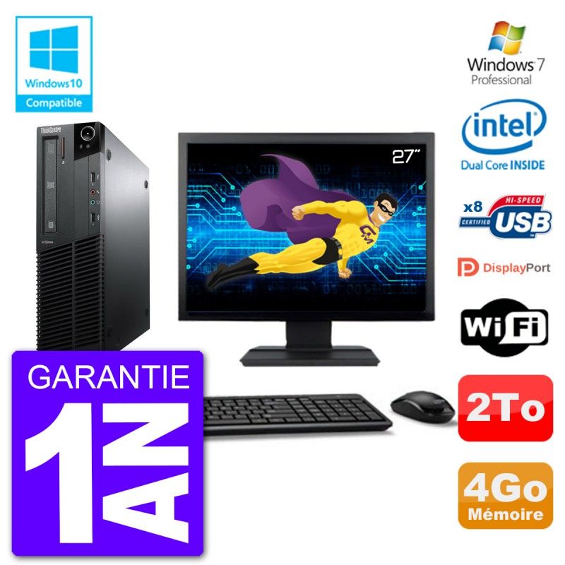 Lenovo M82 SFF Desktop Computer - 27" Screen, Intel Pentium G640, 4GB RAM, 2TB HDD, DVD Burner, Wi-Fi, Windows 7 Pro