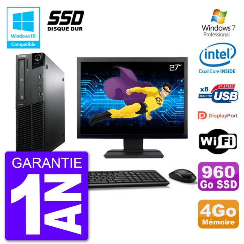 Lenovo M82 SFF Desktop Computer - 27" Screen, Intel Pentium G640, 4GB RAM, 960GB SSD, DVD Burner, WiFi, Windows 7 Pro