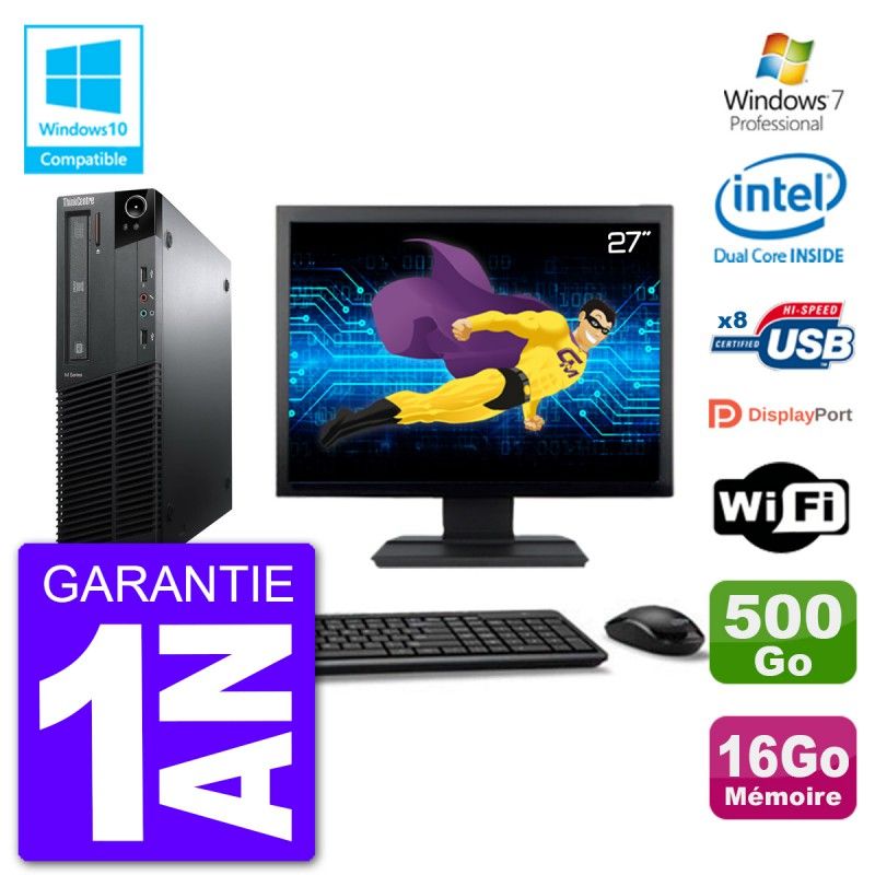 Lenovo M82 SFF Desktop Computer - 27" Screen, Intel Pentium G640, 16GB RAM, 500GB HDD, DVD Drive, Wi-Fi, Windows 7 Pro