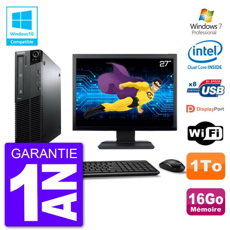 Lenovo M82 SFF Desktop Computer - 27" Screen, Intel Pentium G640 2.8GHz, 16GB RAM, 1TB HDD, DVD Writer, WiFi, Windows 7 Pro