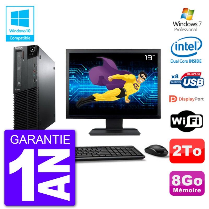 Lenovo M82 SFF Desktop Computer - 19" Screen, Intel Pentium G640, 8GB RAM, 2TB HDD, DVD Burner, Wi-Fi, Windows 7 Pro