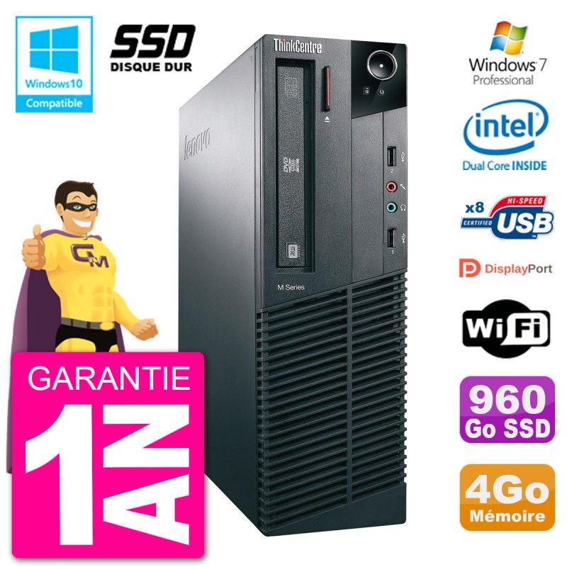 Lenovo ThinkCentre M82 SFF Desktop PC - Intel Pentium G2020, 4GB RAM, 960GB SSD, DVD Burner, WiFi, Windows 7 Pro
